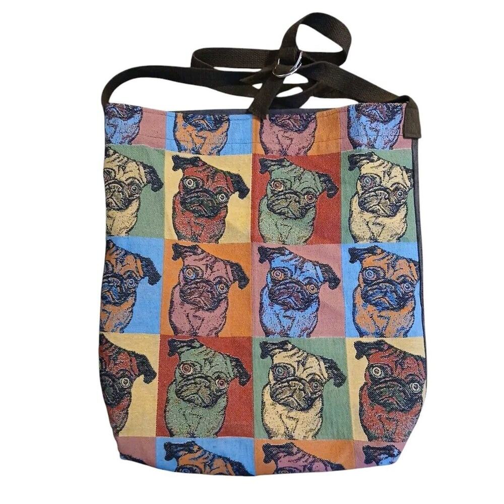 Pug Dog Lovers Needlepoint Colorblock‎ Cloth Lined Tote Bag Adjustable Strap Vtg